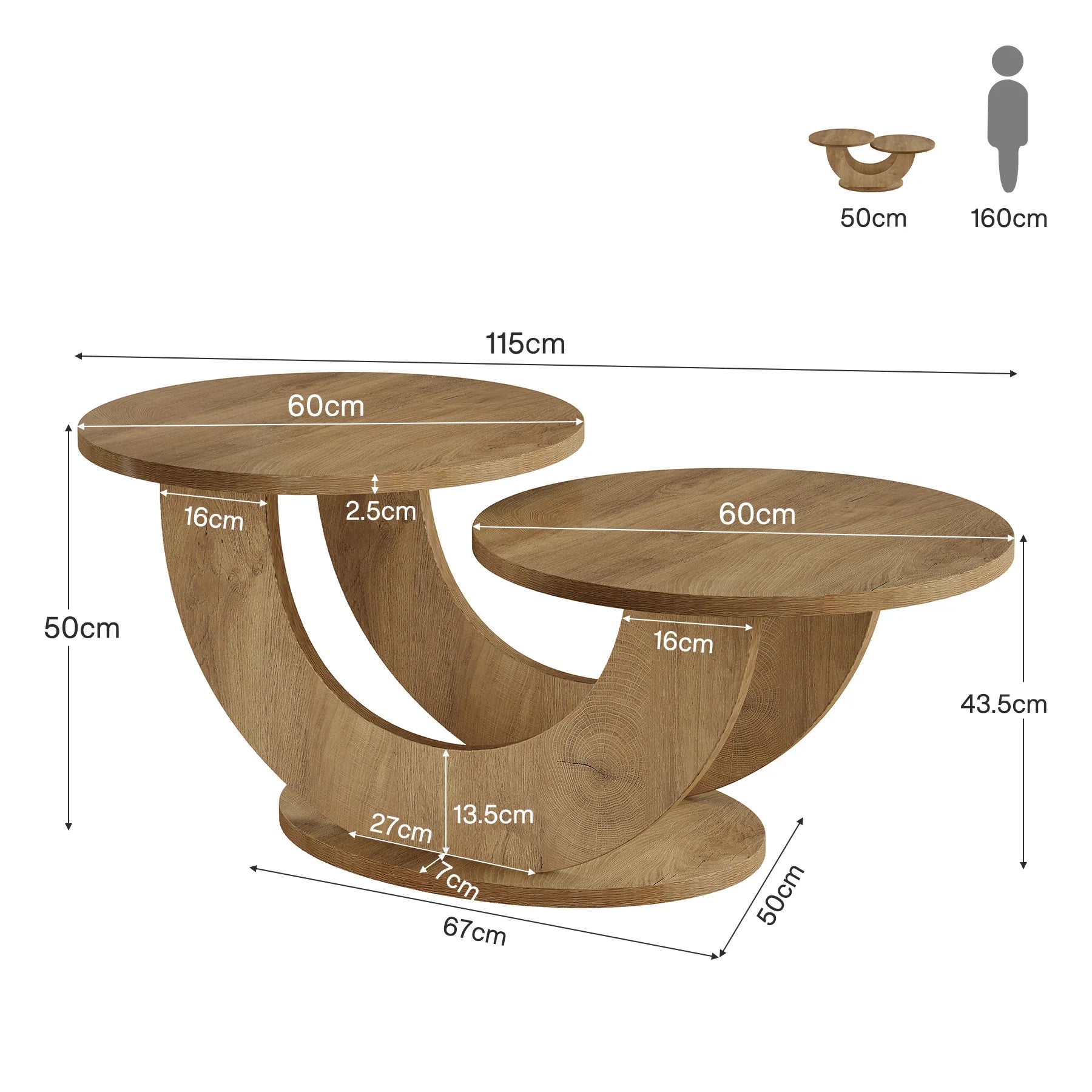 Măsuță de cafea cu două niveluri, 115 cm, cu cadru în U