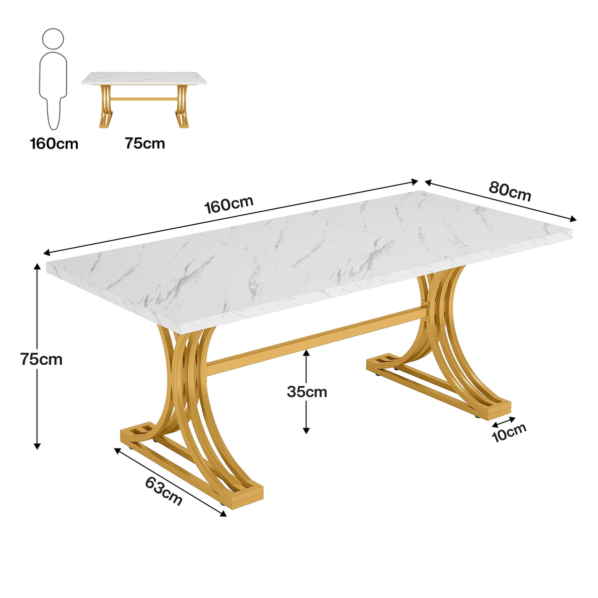 Masă de dining dreptunghiulară 160x80 cm cu blat de marmură
