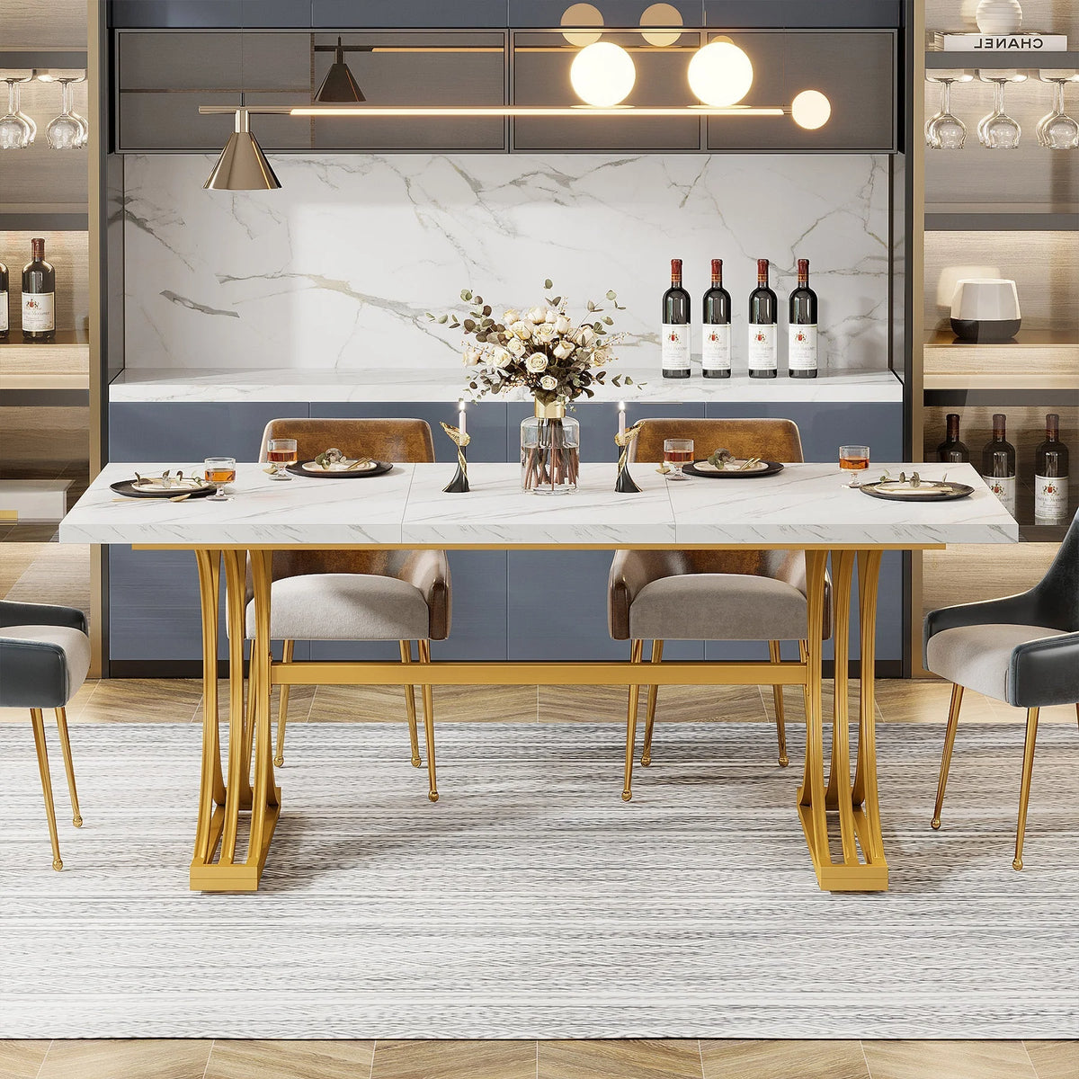 Masă de dining dreptunghiulară 160x80 cm cu blat de marmură