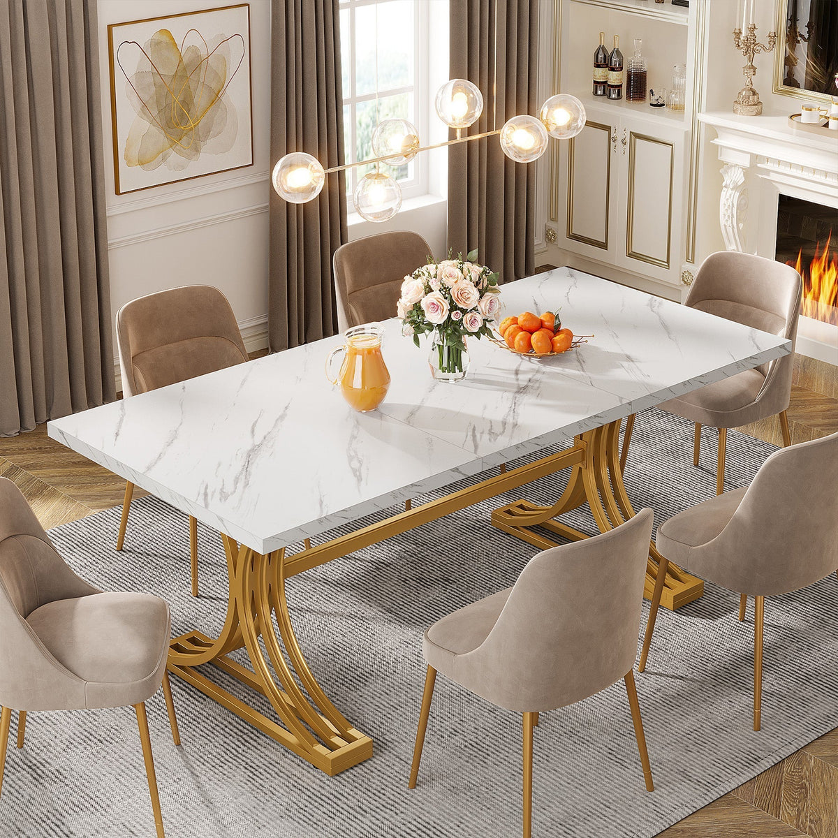 Masă de dining dreptunghiulară 160x80 cm cu blat de marmură