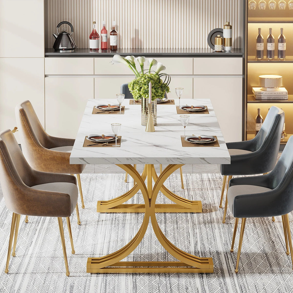 Masă de dining dreptunghiulară 160x80 cm cu blat de marmură