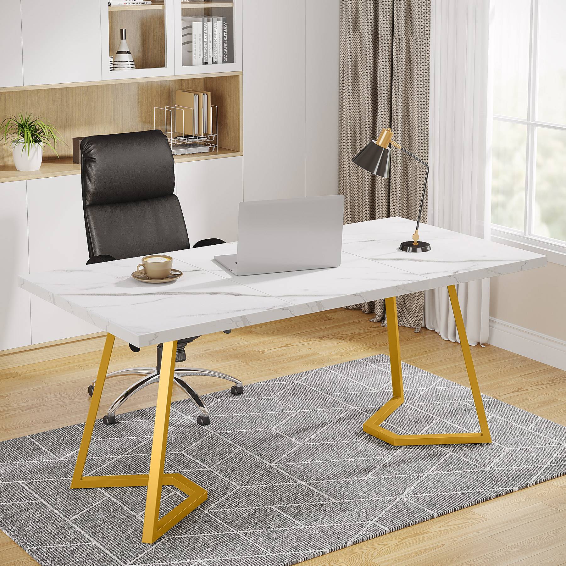 Birou modern 140 cm alb/auriu