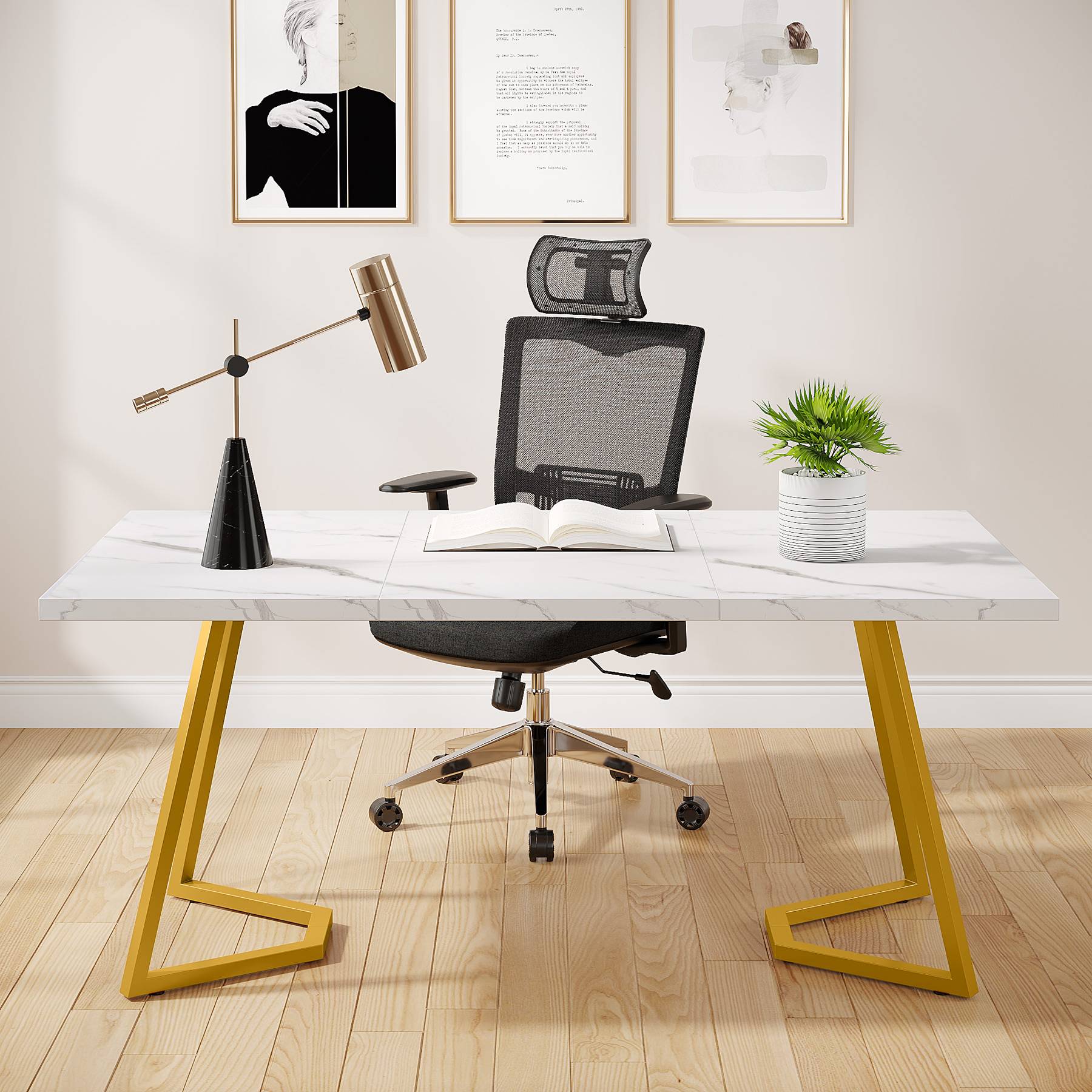 Birou modern 140 cm alb/auriu