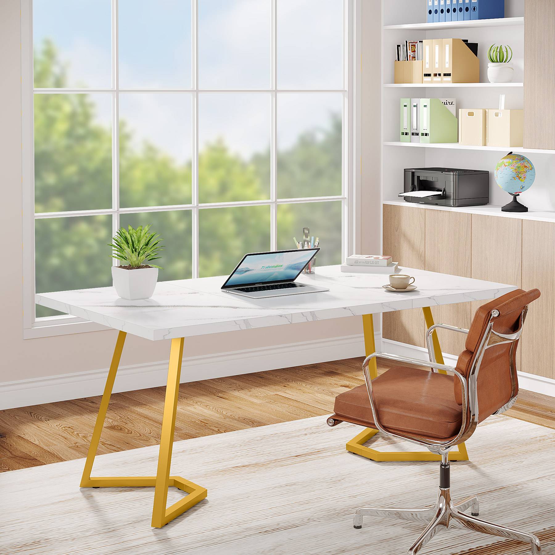 Birou modern 140 cm alb/auriu