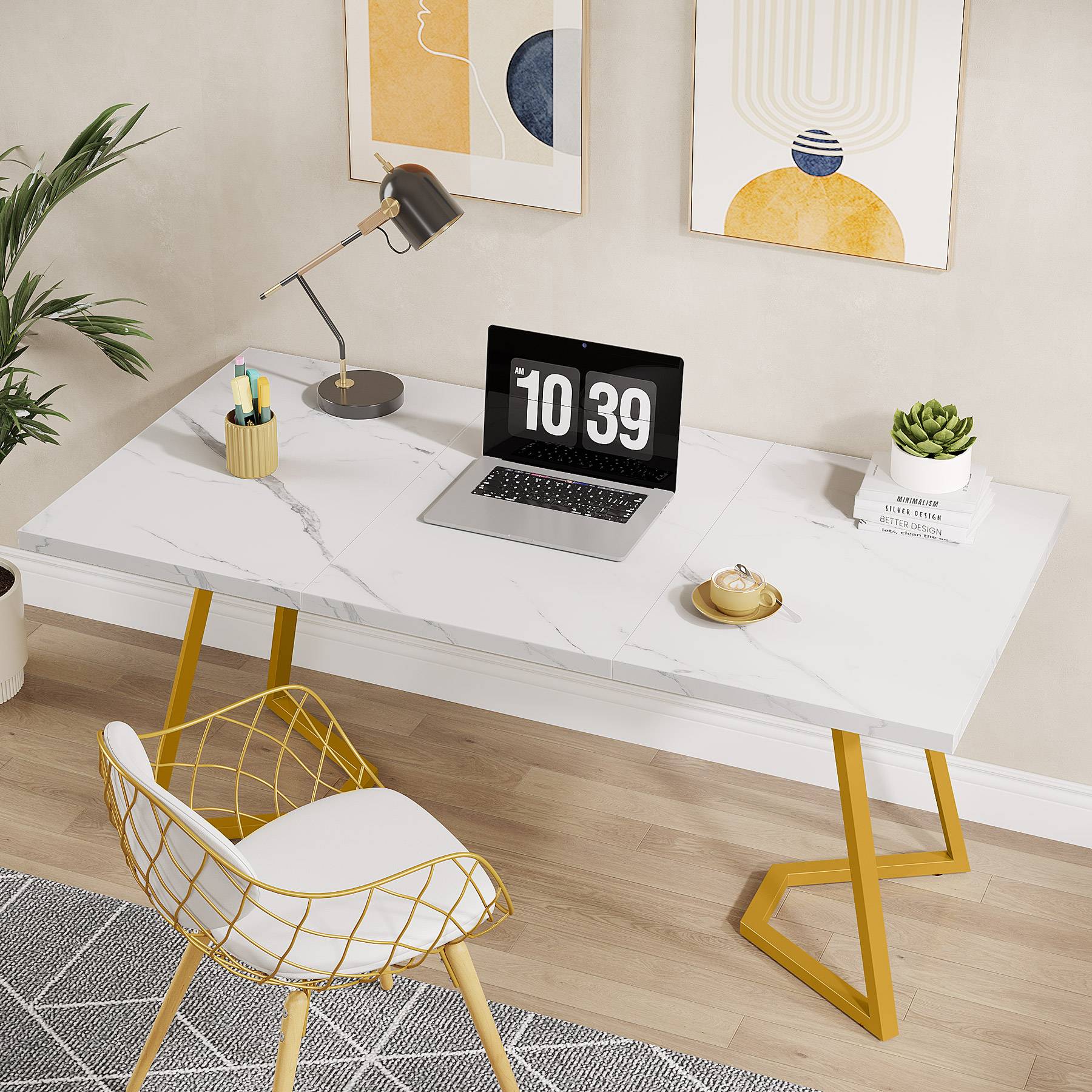 Birou modern 140 cm alb/auriu