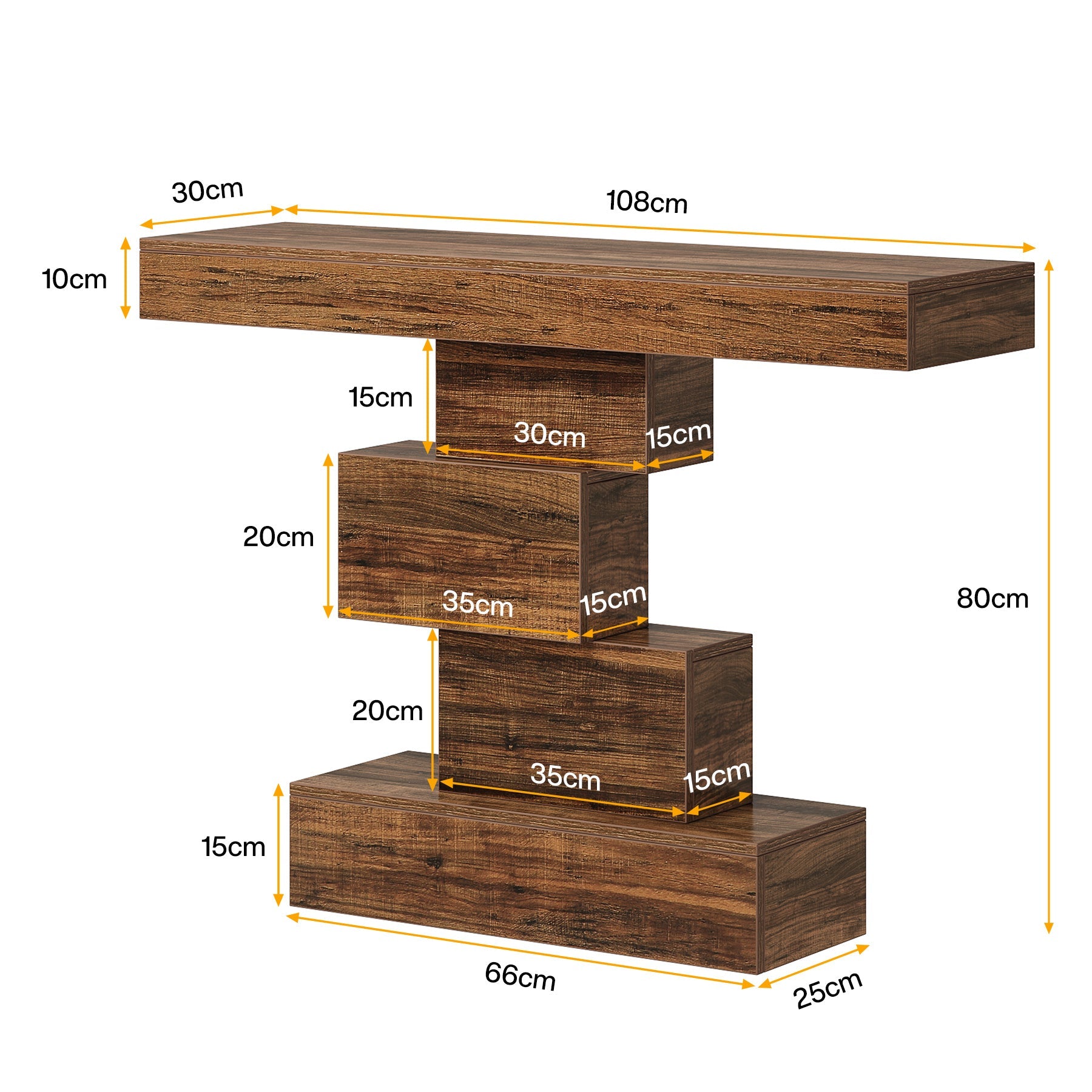 Măsuță consolă din lemn, stil rustic, cu bază geometrică