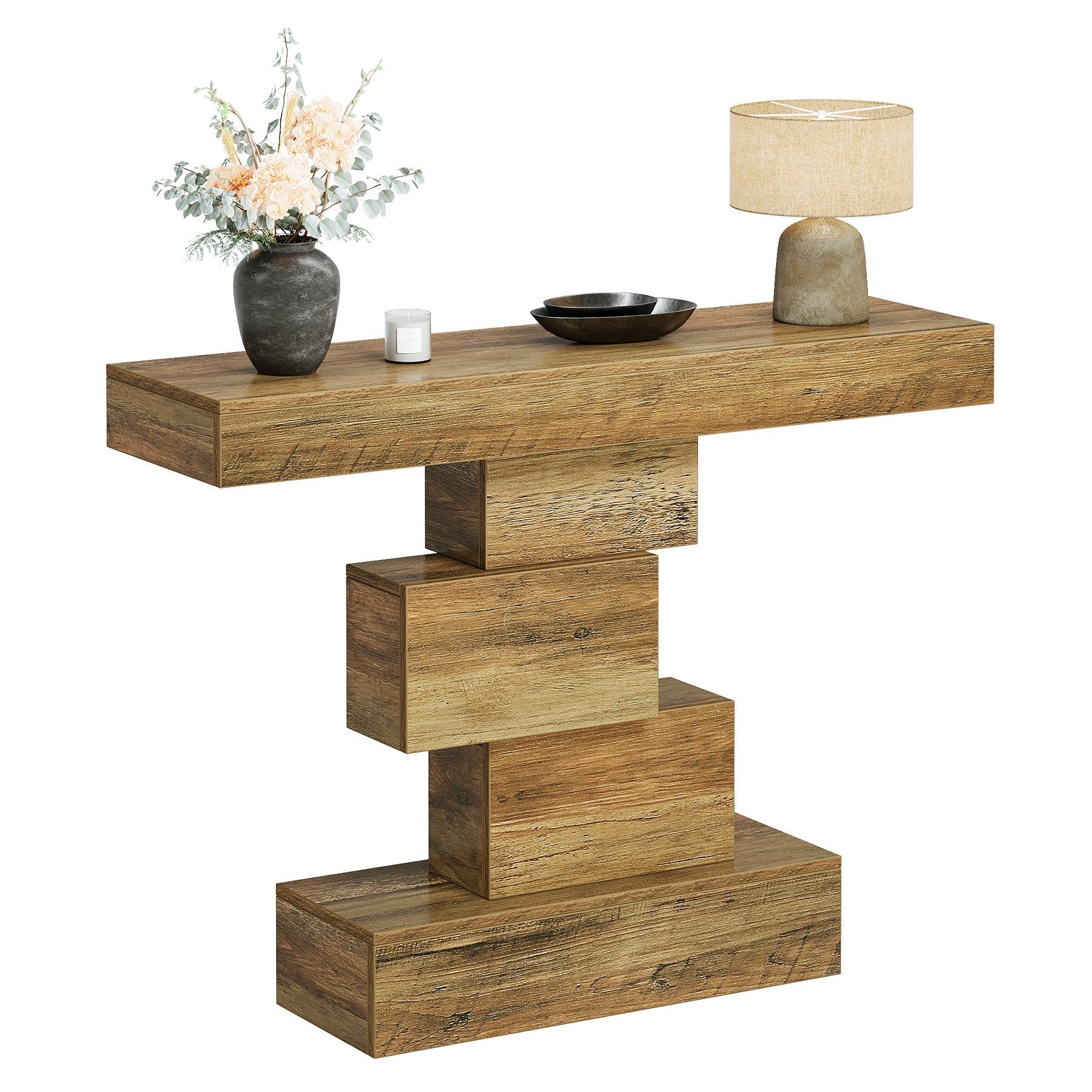 Măsuță consolă din lemn, stil rustic, cu bază geometrică