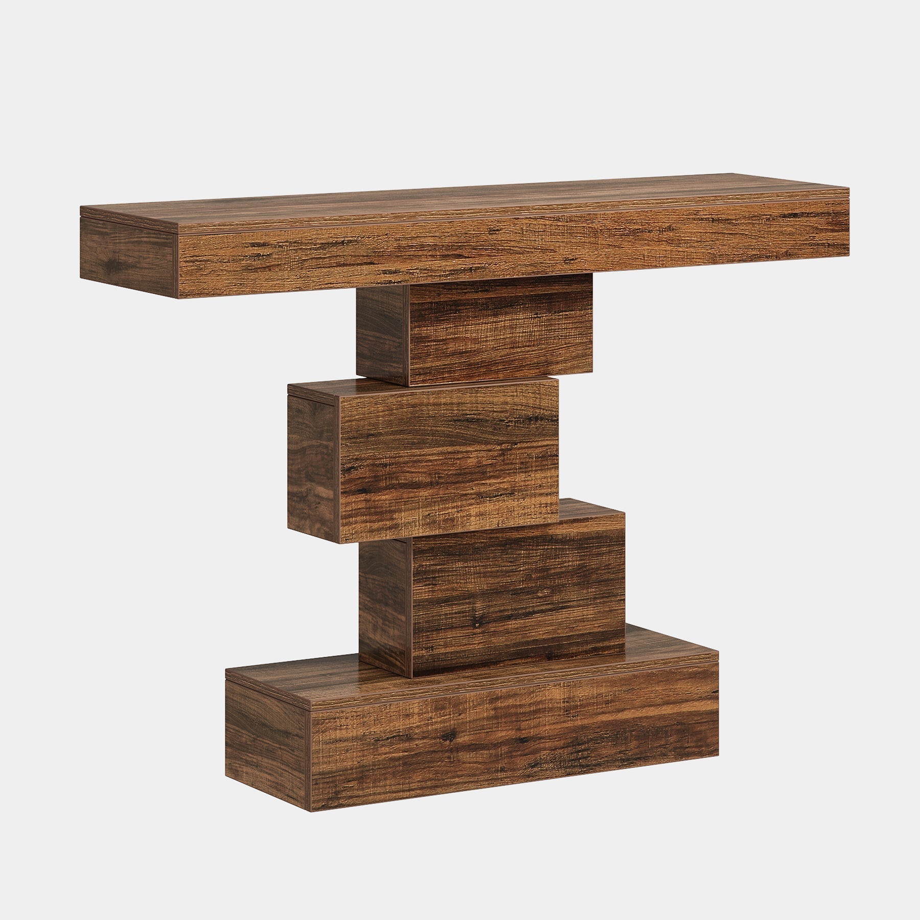 Măsuță consolă din lemn, stil rustic, cu bază geometrică
