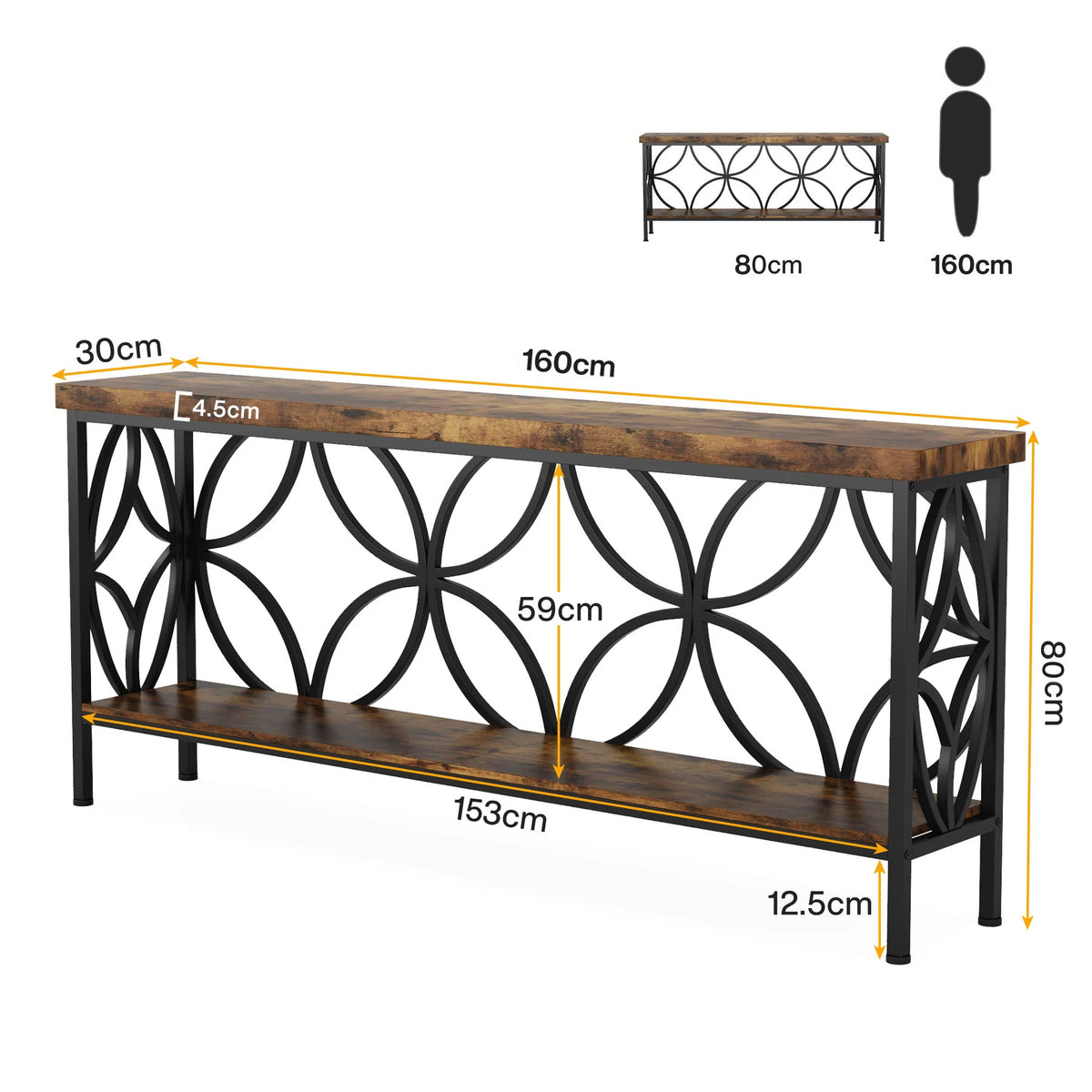 Măsuță consolă cu 2 niveluri industrială 160 cm